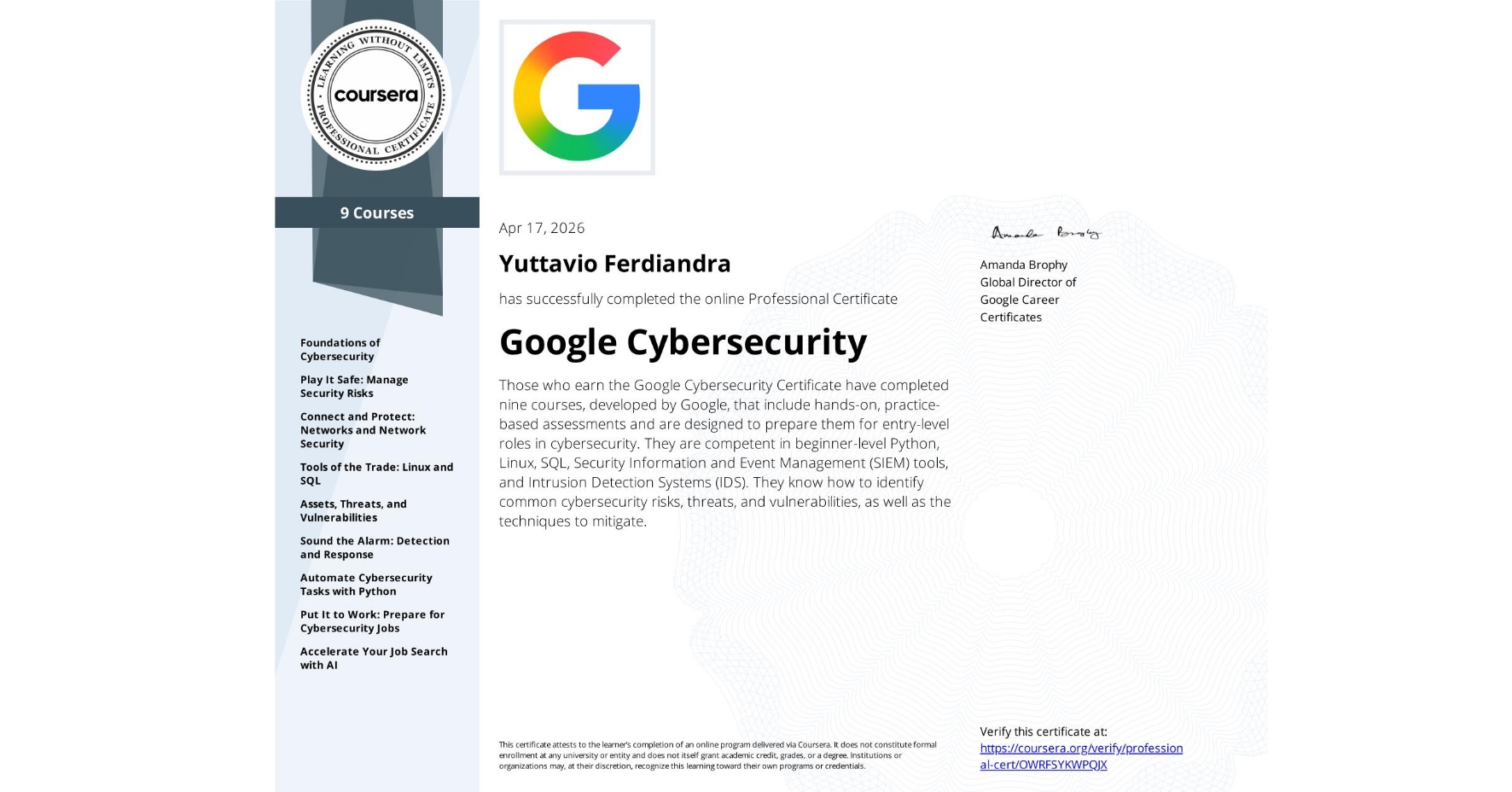 Google Cybersecurity Professional Certificate